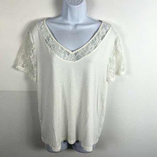OFF WHITE Top donna shein taglia M bianco sporco scollo V manica corta orlo pizzo classico elasticizzato