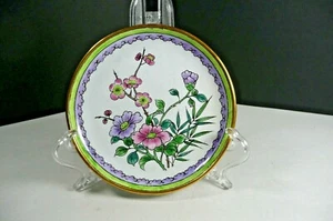 Antique Cloisonné Footed Plate Enamel Bronze Green Lavender Cherry Blossom - Picture 1 of 12