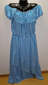 Vestido Tommy Bahama Palm Fiesta Fuera del Hombro Volantes Midi Azul Rayas Talla Grande - Imagen 1 de 3