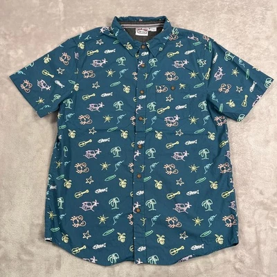 Ron Jon Surf Shop Shirt Mens Size Medium Blue Button Up Short Sleeve Neon Print - Image 1 of 4