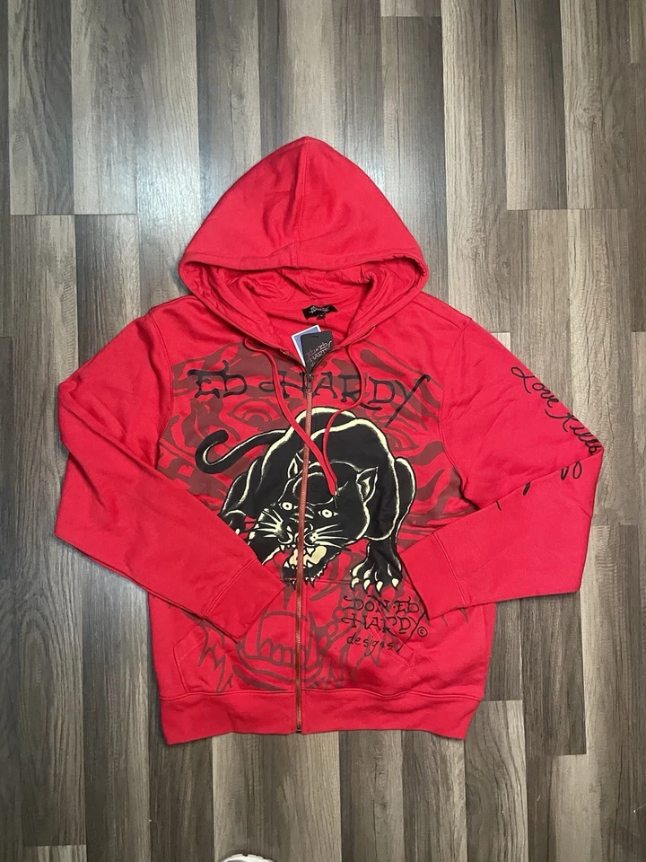 Ed Hardy Sudadera con Capucha Roja Relajada Pantera Negra Nueva con Etiquetas Talla L (2 En Stock) Foto 1 de 4