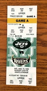 NEW YORK JETS vs BALTIMORE RAVENS un-torn Ticket Stub Aug 15, 1998 pre-season - Picture 1 of 2