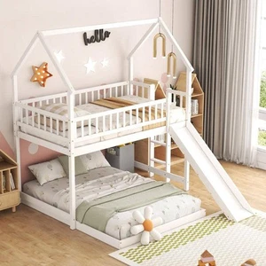 L-Shaped White Twin Over Full Wood House Bunk Bed With Built-in Ladder And Slide - Picture 1 of 10