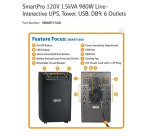Tripp Lite UPS: 1500VA  120V SMART1500 - Picture 1 of 6