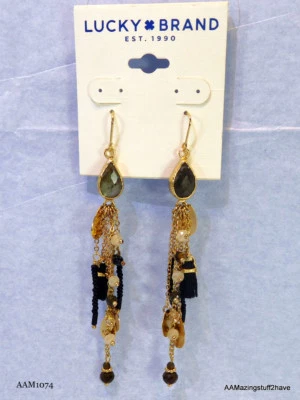 Pendientes colgantes de piedra natural borla negra tono dorado Lucky Brand elegantes de 3,5" NUEVO Foto 1 de 4