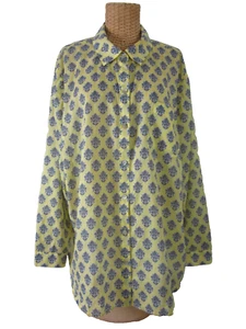 J Jill Womens XL Yellow Black Blue Floral LS Fine Cotton Button Shirt Blouse 52" - Picture 1 of 11