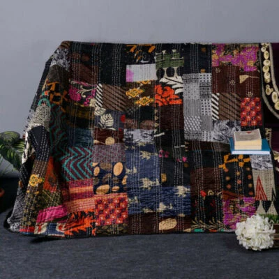 Twin Size Bed Cover Blanket Bohemian Patchwork Kantha Quilt Vintage Silk Patola - Image 1 of 4