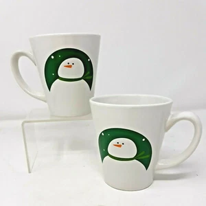 Christmas Snowman Face Mug Coffee Cup Green Scarf Collectible Set of 2 - Picture 1 of 6