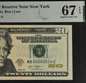 2013 $20 Federal Reserve Note PMG 67EPQ Superb Gem Low Serial Number 00000014 - Picture 1 of 3