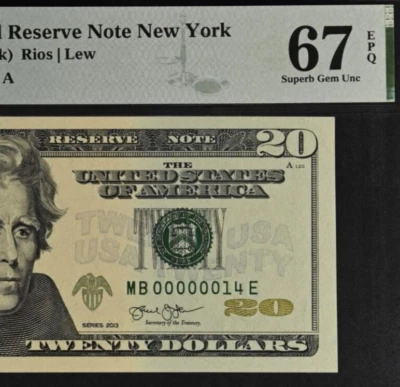 2013 $20 Federal Reserve Note PMG 67EPQ Superb Gem Low Serial Number 00000014 - Image 1 of 3