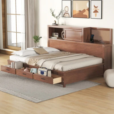 Sofá cama doble de madera tamaño completo con cajones de almacenamiento y estantería muebles de dormitorio Foto 1 de 4