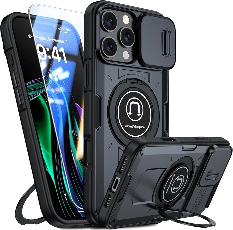 PROMAX GOLDJU for iPhone 16 Pro Max Case - with Built-in Slide Camera Cover & Rotatable
