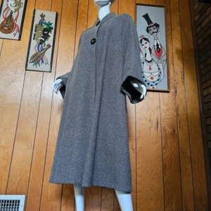 Vtg 40s 50s Volup Tweed Stripe Wool Opera Full Sweep Swing Formal Long Coat L/XL - Picture 1 of 11