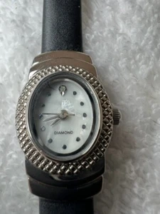 Diamond Accent Watch With Mother of Pearl Dial Black Leather Strap- New Battery! - Picture 1 of 5