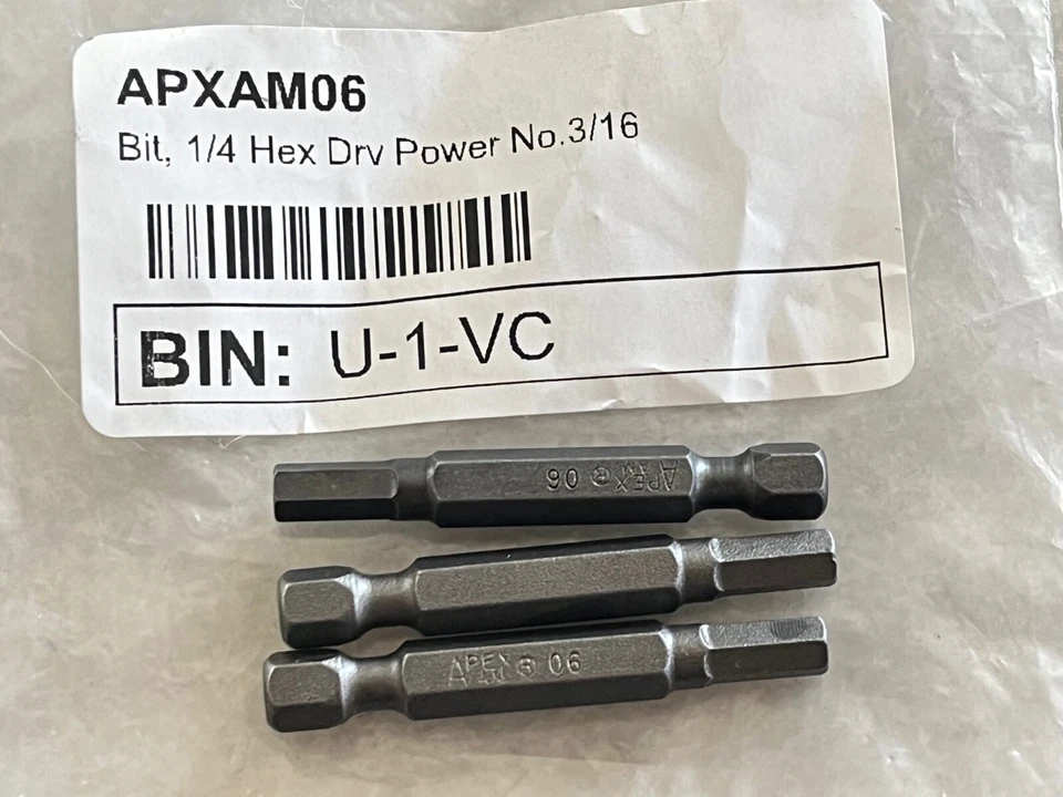 3 new Apex Tool Group AM-06, 3/16" Power Bits, SAE, 1/4" Hex Drive - Image 1 of 1