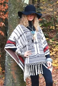 TASHA POLIZZI EASTWOOD FRINGED PONCHO V-NECK NATURAL WINE BLACK $189 NEW - Picture 1 of 6