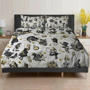 Curiouser Alice In Wonderland Duvet cover bed set White Grey Double King Single - Picture 1 of 12
