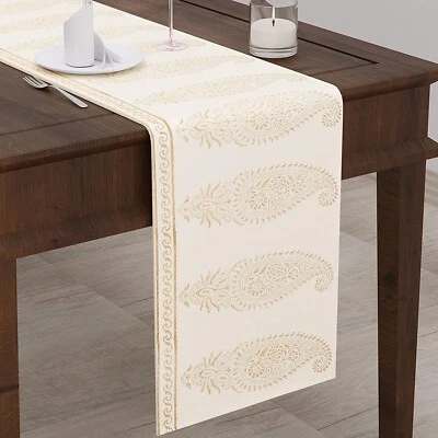  Cotton Hand Block Printed Table Runner (13 x 72 Inches) (Golden Paisley) - Image 1 of 4