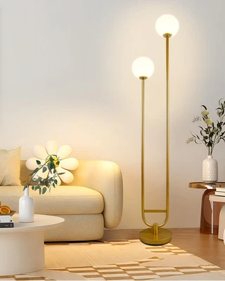 Lámpara de pie dorada 63 pulgadas con poste en U, 2 globos lámparas de pie de mediados de siglo con cálido W Foto 1 de 4