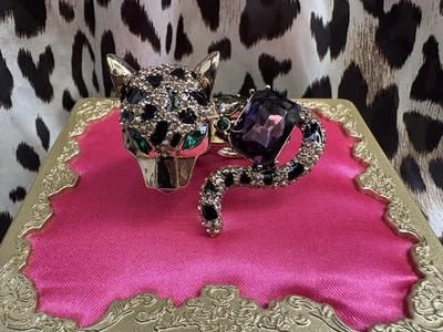 Betsey Johnson Crystal Leopard Critters Panther Cat Двойной Палец Два Кольца РЕДКИЕ - Изображение 1 из 4