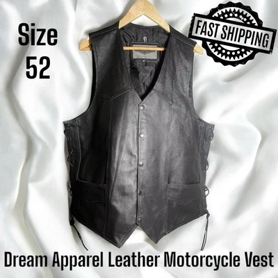 Dream Apparel EUC Black Leather Motorcycle Vest SZ 52 (52" chest) FAST SHIPPING - Image 1 of 4