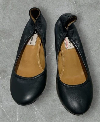 Lanvin Paris Black Leather Stiletto Heel Round Toes SZ 37  Women’s Shoes Ex.C - Image 1 of 4