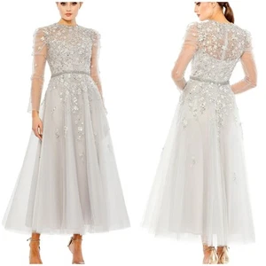 Mac Duggal NWT Embellished Gathered Long Sleeve A Line Gown Platinum Size 6 - Picture 1 of 8