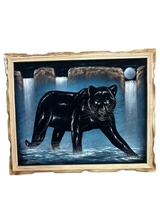 PANTERA NEGRA, LUNA LLENA, CASCADA, PINTURA TERCIOPELO, 18" POR 22"W, NUEVO (B) - Imagen 1 de 3