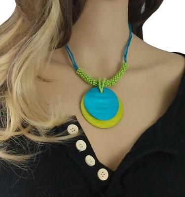 Collar Grande Redondo Azul Verde Madreperla Colgante 2.5" 16-18.5" Foto 1 de 4