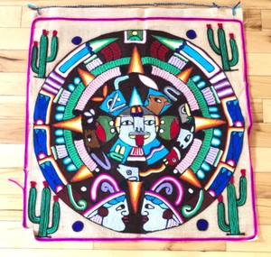Vintage Handwoven Tapestry Wall Hanging Mexico Cactus Face Mask Bright - Picture 1 of 9