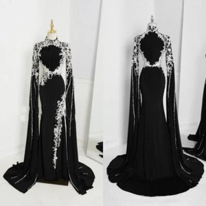 Black Mermaid Wedding Dresses Long Sleeves Lace Appliques High Neck Bridal Gowns - Picture 1 of 15