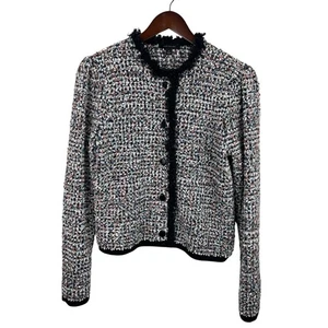 Ann Taylor Size Medium Black Fringe Multi Color Boucle Tweed Sweater Jacket - Picture 1 of 7