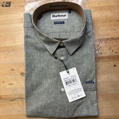 Barbour Men's Nelson Short Sleeve Summer Shirt Cotton Linen Bleached Olive XL - Image 1 of 4