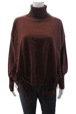 Suéter feminino de malha Line And Dot texturizado gola alta franja marrom tamanho M - Imagem 1 de 4