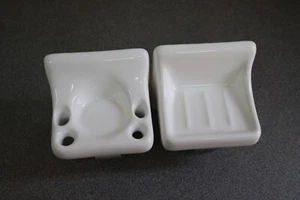 ACP Flat-Back Glossy White Ceramic Soap Dish & Toothbrush Holder Bathroom Set - Picture 1 of 13
