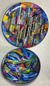 Postmodern Geometric Abstract Vibrant Sharks Hand-Painted Ceramic Plate & Bowl - Picture 1 of 9