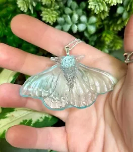Unique ICE BLUE MOTH NECKLACE handmade PENDANT clear LARGE resin FAB gift boxed - Picture 1 of 2
