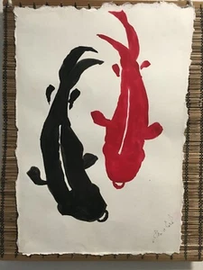 Unique Original KOI FISH INK PAINTING by lori clark Hang-Ready 14"x 17" US - Picture 1 of 12