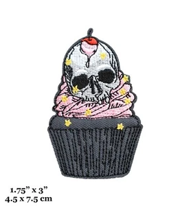 Skull Cupcake Halloween Food Black Skeleton Punk Embroidered Iron On Patch - Picture 1 of 2