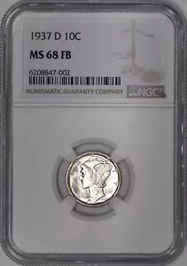 1937-D Mercury Dime 10c NGC MS 68 FB - White & Spotless! - Picture 1 of 5