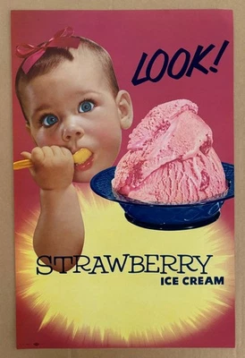Póster de helado vintage de mediados de siglo 13x20 - ¡Mira!  Helado de fresa, usado en excelente estado Foto 1 de 3
