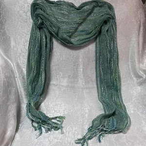 Cotton/poly Blend Scarf Turquoise Green Blue Silver Stripes - Picture 1 of 5