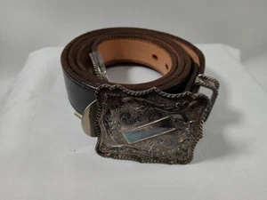 70's-80's Vtg Vogt hand engraved sterling 14K belt buckle with Belt Sz 34 - Picture 1 of 8