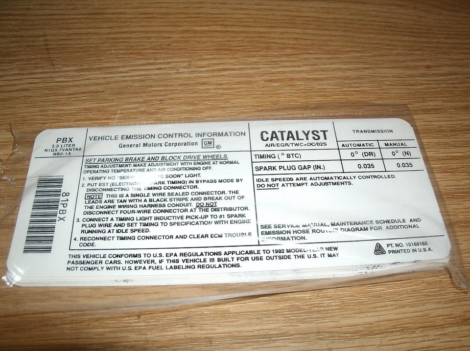 1992 PONTIAC GRAND AM PRIX BONNEVILLE FIREBIRD 5.0L EMISSIONS DECAL STICKER PBX - Image 1 of 1