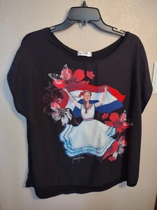 WOMEN'S ARTEMERA BLOUSE Top  XL Black  HAND PAINTED  PARAGUAYAN LADY Cap Sleeve - Picture 1 of 3