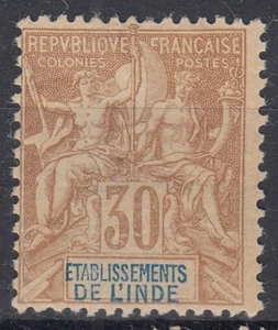 TIMBRE ETS DE L' INDE TYPE GROUPE 30c BRUN N° 9 NEUF * GOMME CHARNIERE ETENDUE - Imagen 1 de 2