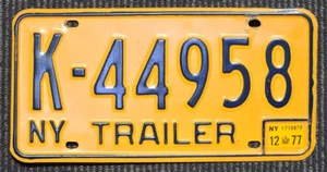 Vintage Yellow New York "Trailer" License Plate K - 44958 1 Piece - Picture 1 of 2