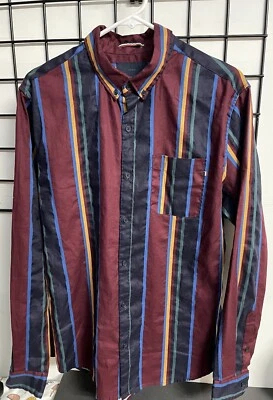 Camisa de algodón en Brunswick para hombre L con botones calce ajustado azul borgoña a rayas Foto 1 de 4