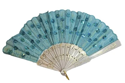 Vintage Flower Sequin Cloth Design Plastic Folding Hand Held Fan 80’s - Image 1 of 4