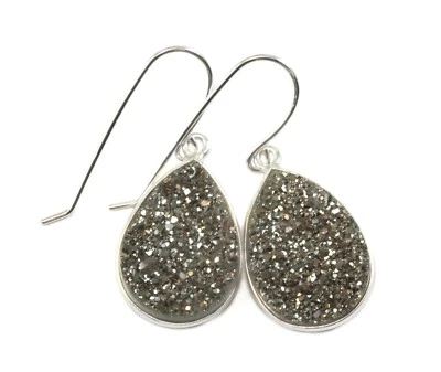 14k Gold Druzy Earrings Black Teardrops Bezel Set Large Drusy Sterling Silver - Image 1 of 4